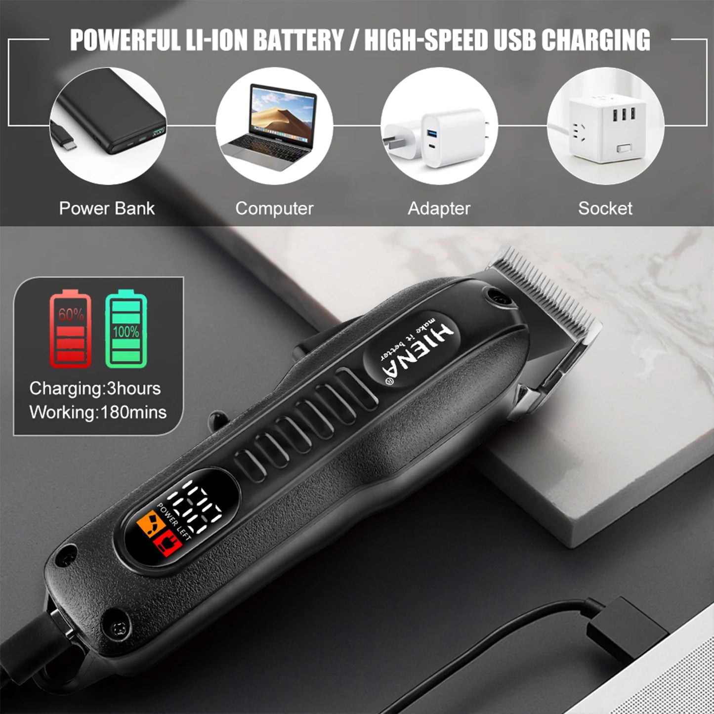 HIENA Professional barber Hair Clippers Cordless Rechargeable Electric Beard Trimmer razor Barber Hair Cutting Machine
