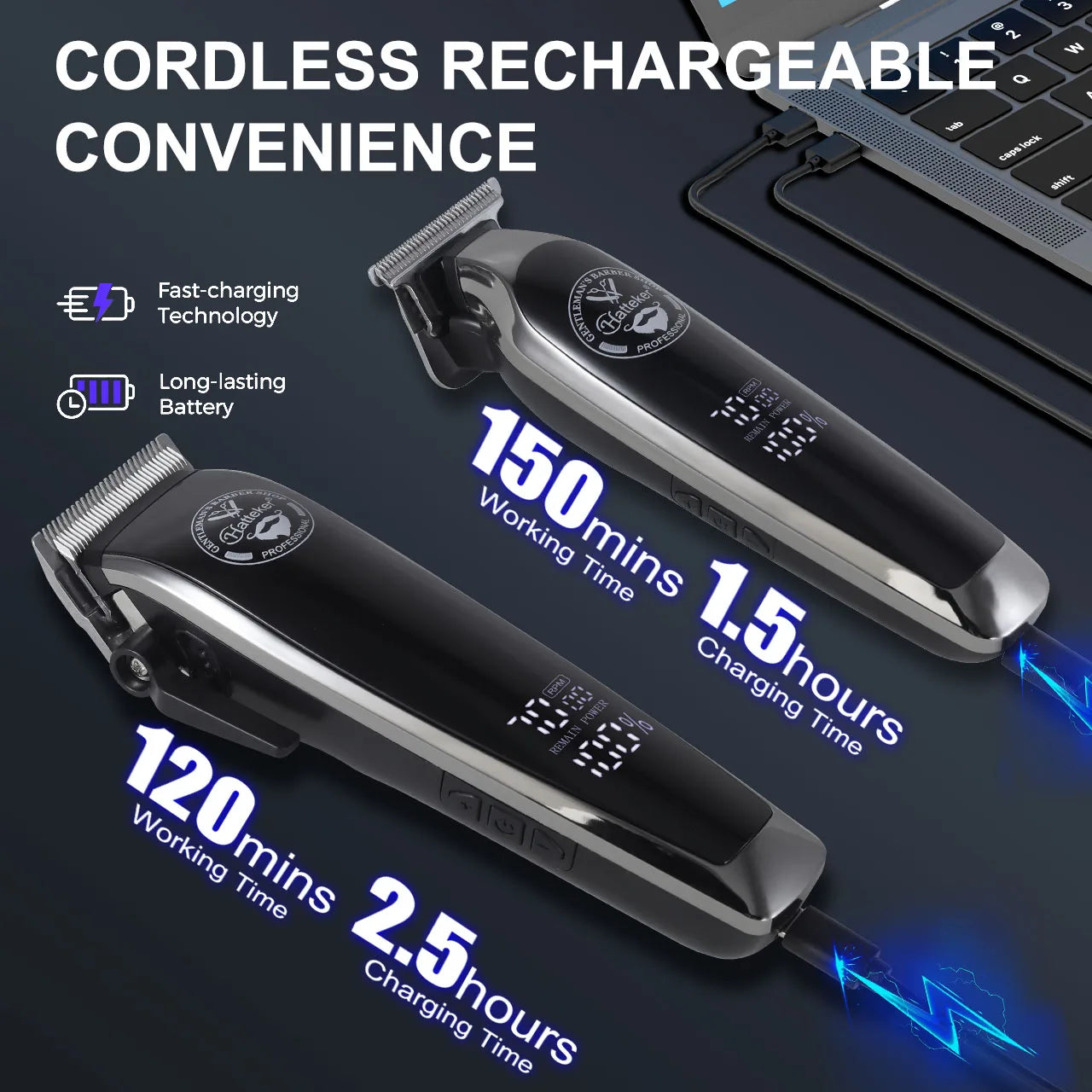 HATTEKER Men's Professional Electric Hair Clippers Set with 4-Level Power Digital LCD Display Precision Oil Head Sculpting 2-pcs