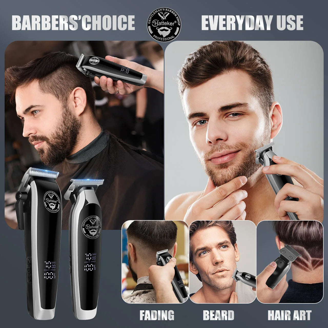 HATTEKER Men's Professional Electric Hair Clippers Set with 4-Level Power Digital LCD Display Precision Oil Head Sculpting 2-pcs