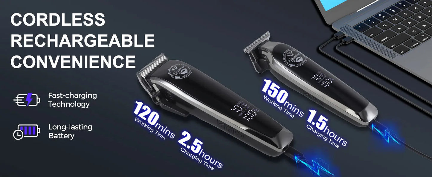 HATTEKER Men's Professional Electric Hair Clippers Set with 4-Level Power Digital LCD Display Precision Oil Head Sculpting 2-pcs