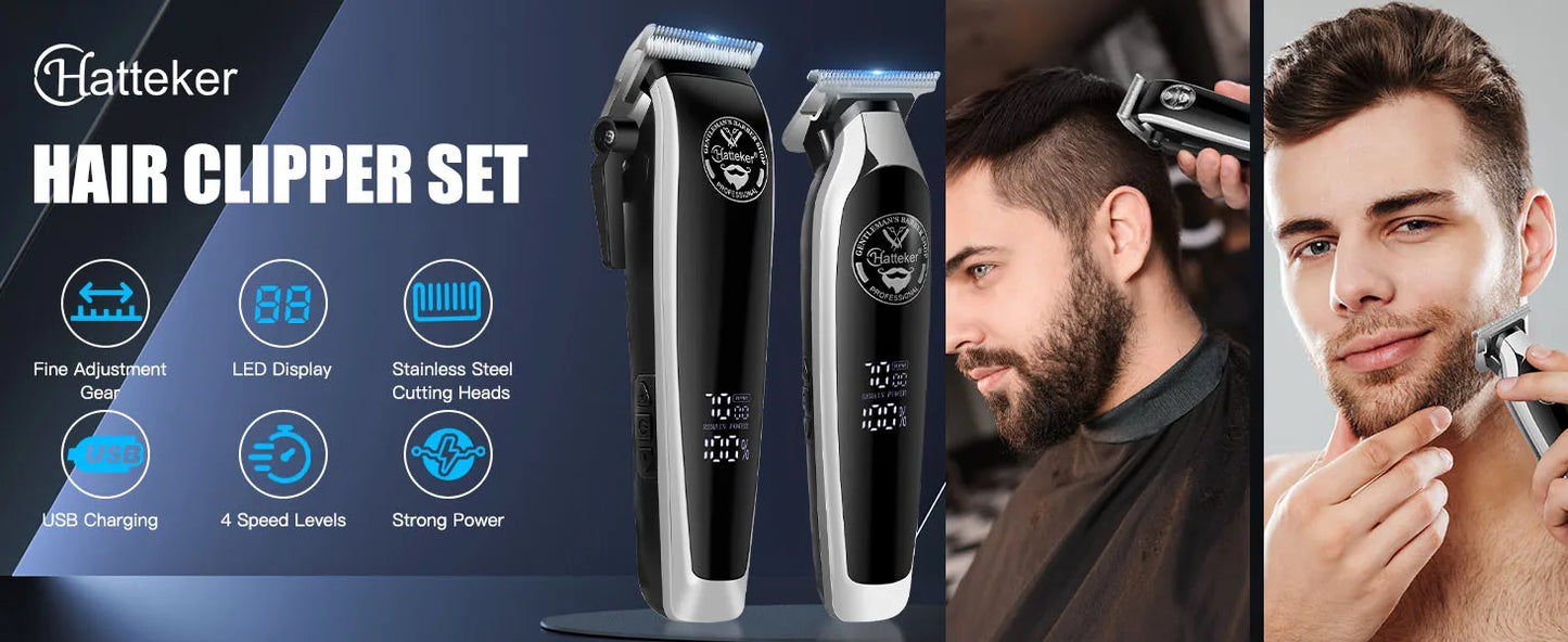 HATTEKER Men's Professional Electric Hair Clippers Set with 4-Level Power Digital LCD Display Precision Oil Head Sculpting 2-pcs