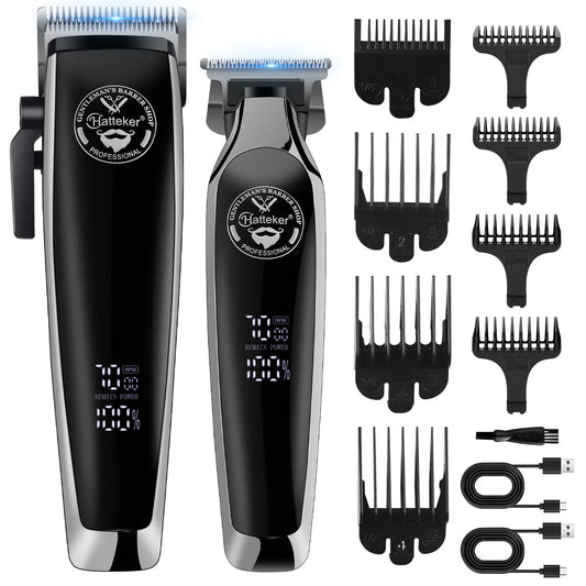 HATTEKER Men's Professional Electric Hair Clippers Set with 4-Level Power Digital LCD Display Precision Oil Head Sculpting 2-pcs